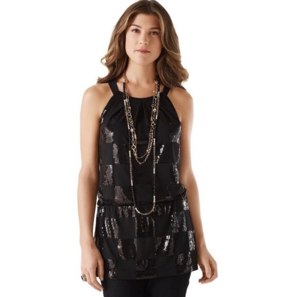 WHBM Sequin Checkered Cutaway Shoulders Sleeveless Drop Waist Blouson Tunic Top - Picture 1 of 15